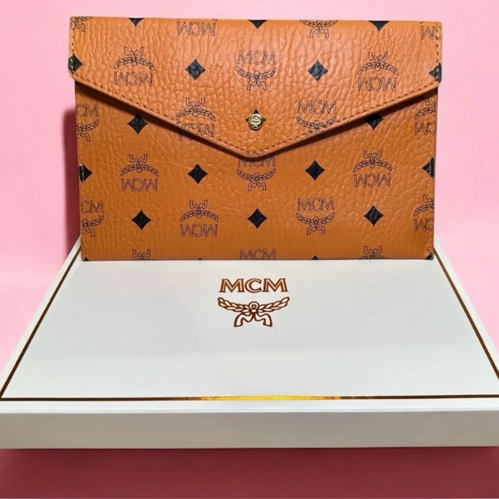 Authentic MCM Envelope Pouch Clutch Cognac Visetos - New In Gift Box